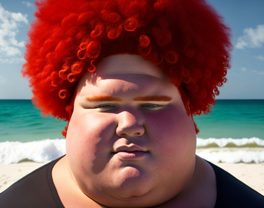 Digital illustration: Heavyset person with red curly hair on beach.