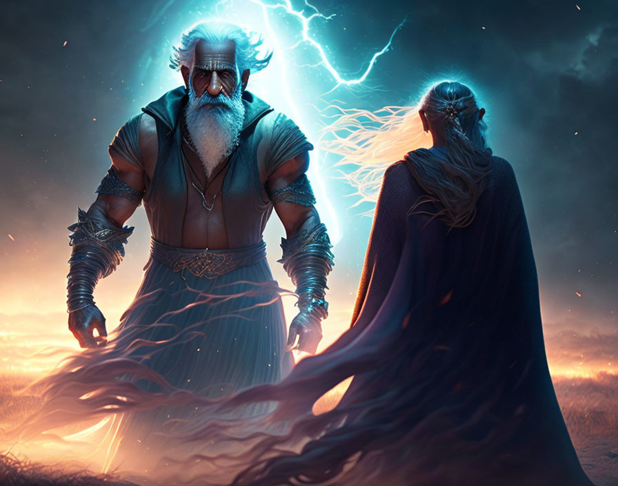 Elder warrior with beard confronts person cloaked in blue amid dramatic fiery sky