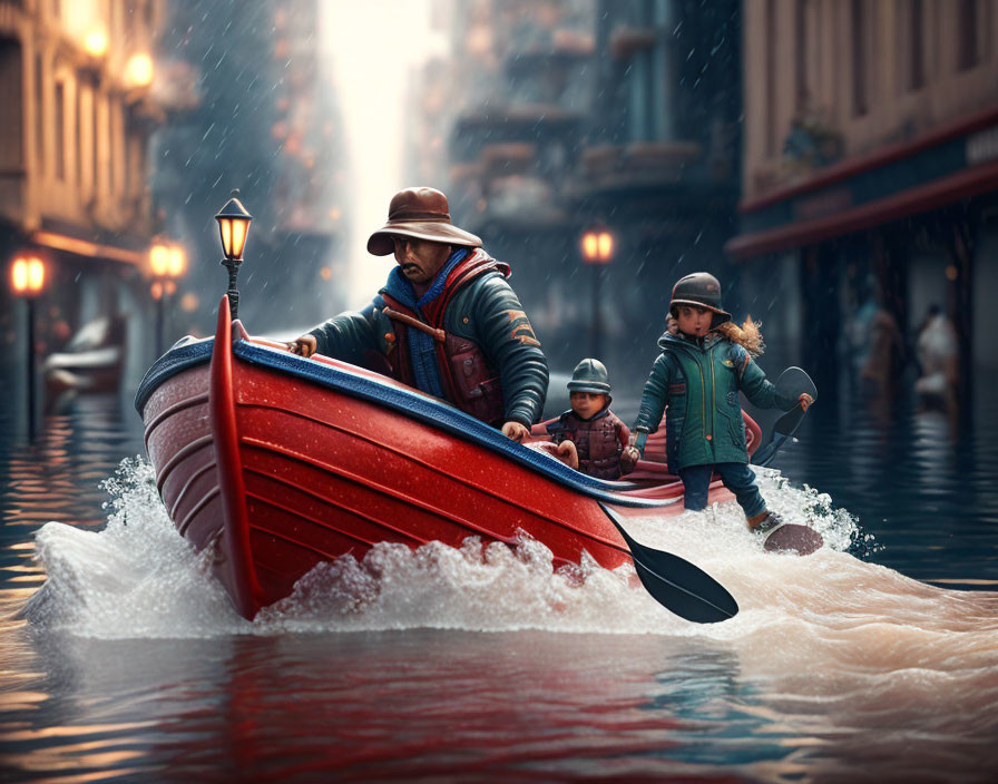 Man and children in red boat on flooded urban street under overcast sky