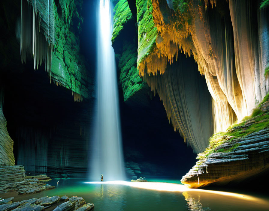 Majestic cave with serene waterfall and emerald pool