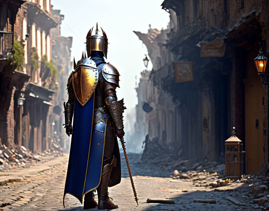 Knight in full armor on deserted medieval street with lanterns and building banners