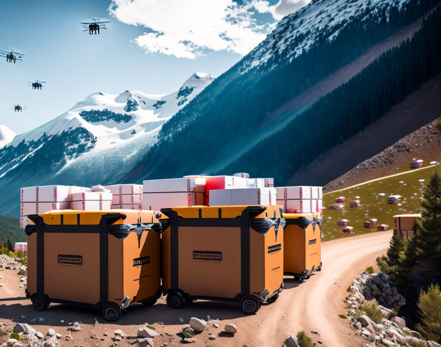 Drones fly over waste containers on mountain road