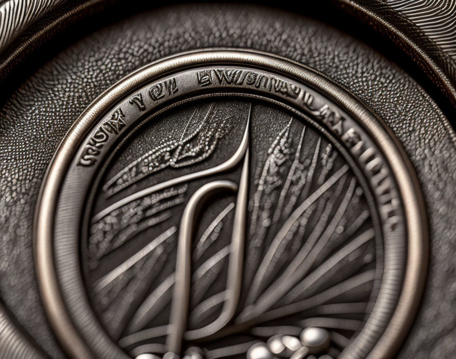 Circular metallic emblem with feather design on textured leather background.