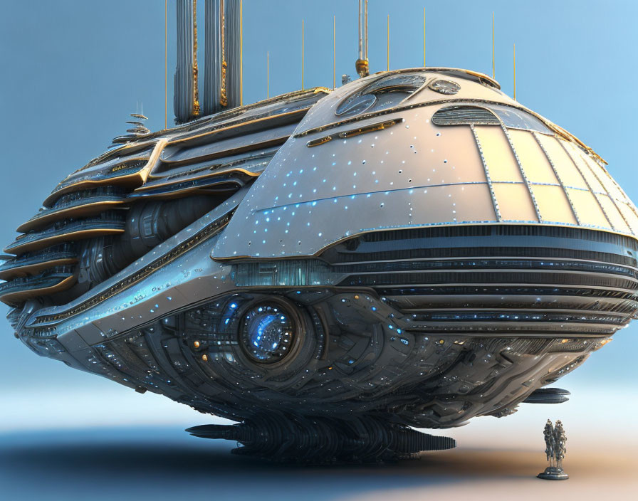 Intricate futuristic airship with two figures below