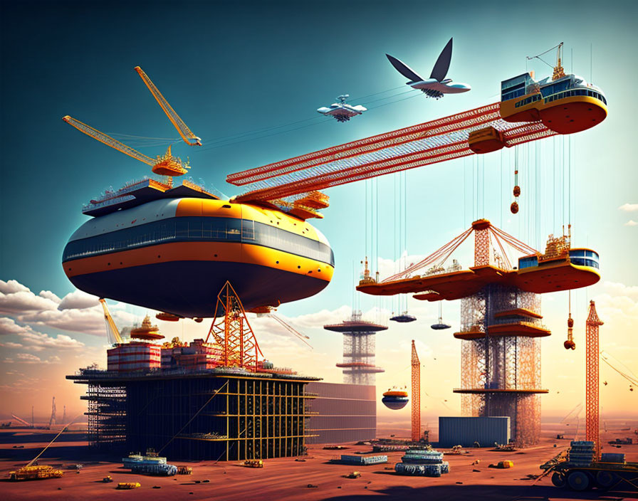 Airship-filled construction site in futuristic setting at sunset