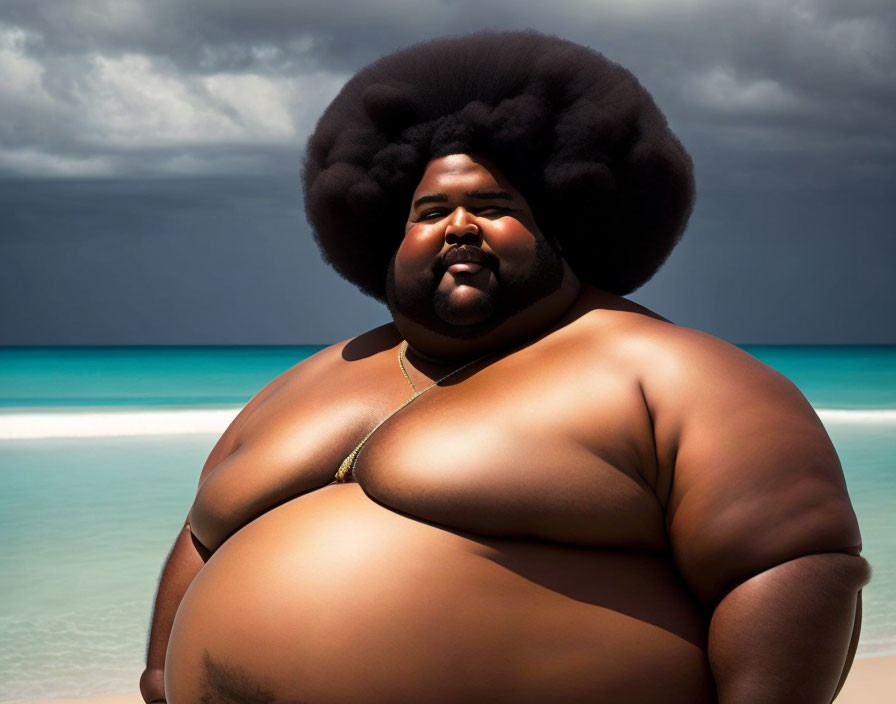 Obese person with oversized afro hairstyle by calm sea