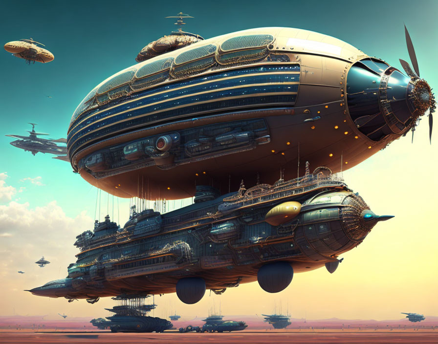 Futuristic floating city with airships in dusky sky