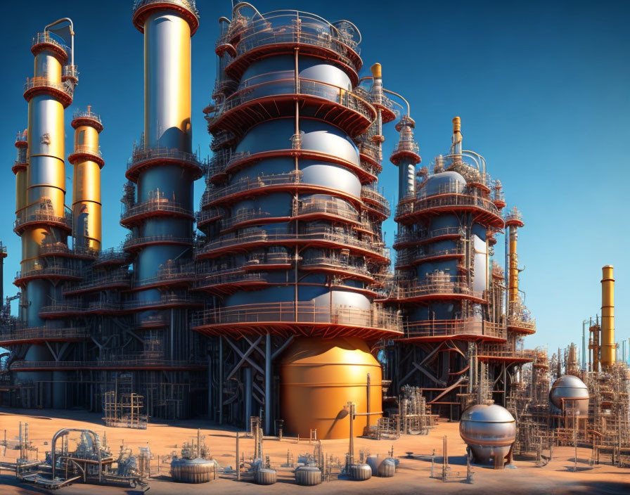 Detailed 3D Rendering of Industrial Complex with Towers, Tanks, and Pipes