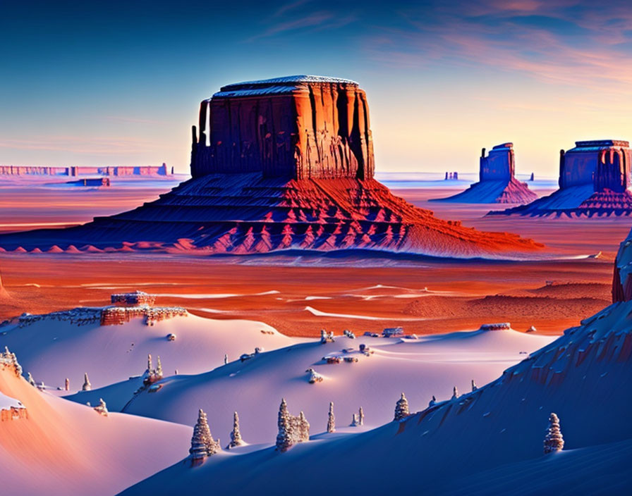 Surreal desert landscape with snow and vibrant sky