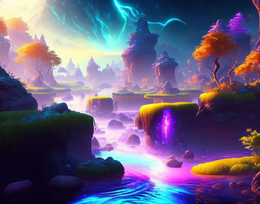 Colorful Flora and Glowing Auroras in Otherworldly Landscape