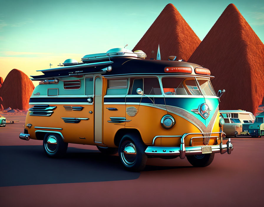 Vintage Camper Van in Desert with Orange Hues and Rock Formations