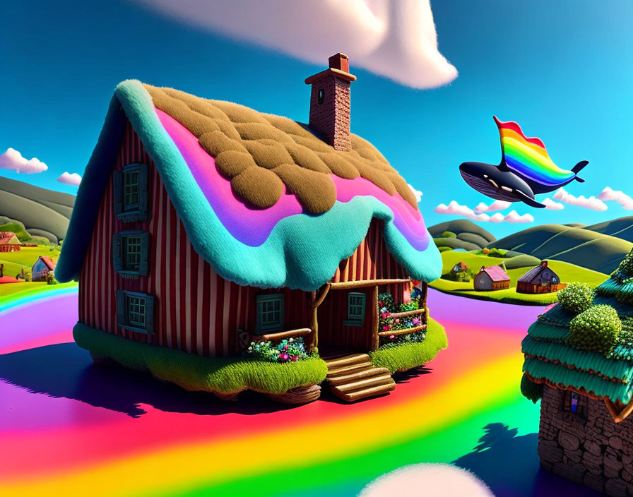 Colorful Cottage Illustration with Chocolate Roof and Flying Whale