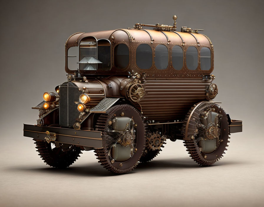 Vintage Steampunk-Style Bus with Brass Detailing and Mechanical Gears