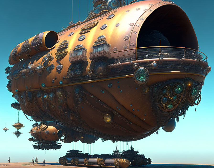 Steampunk-style airship in clear blue sky above desert landscape