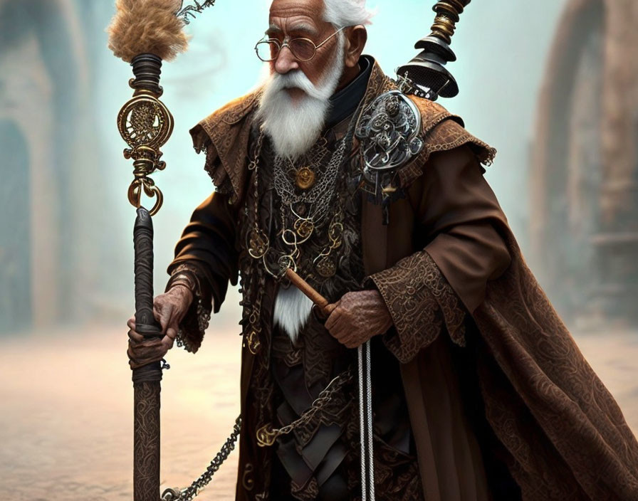 Elderly Bearded Figure in Ornate Robes with Staff and Sword