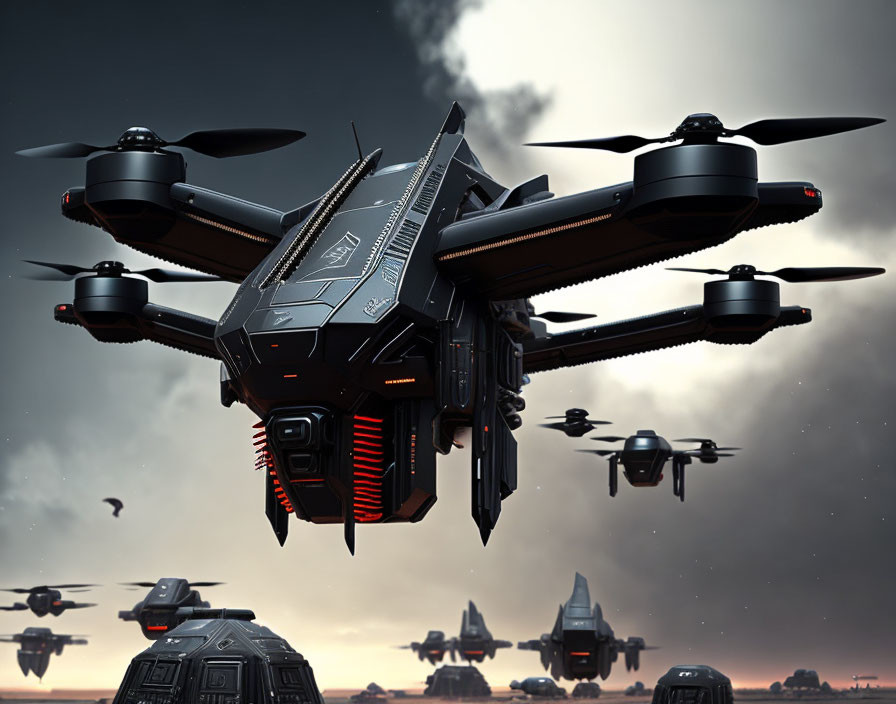 Futuristic drone with multiple propellers in a sky of advanced flying crafts