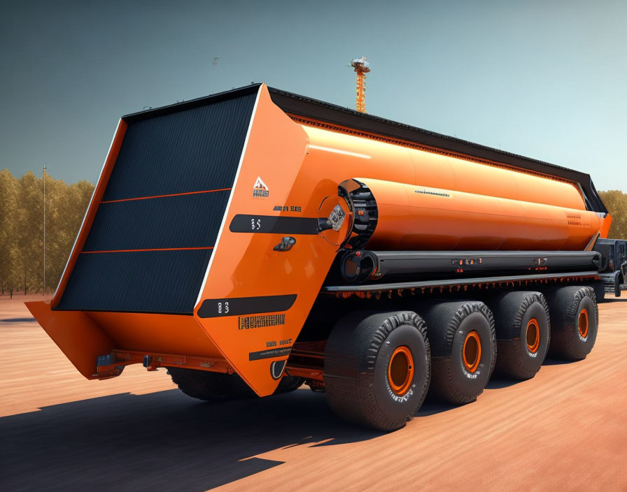 Futuristic orange and black mining truck with solar panels parked on flat surface