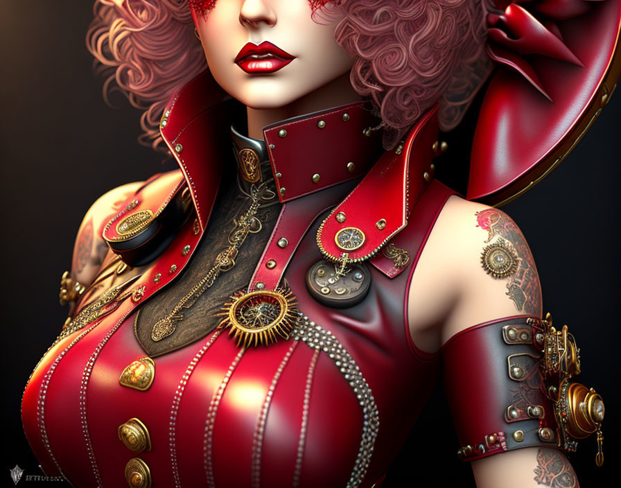 Digital art portrait: Woman with curly red hair in steampunk outfit