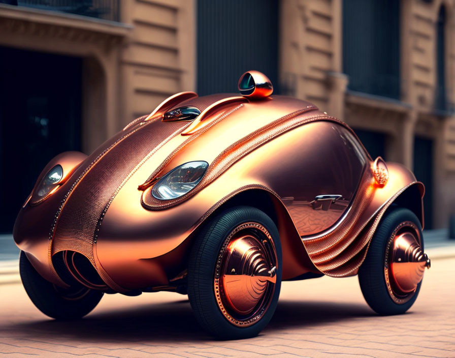 Shiny copper-colored futuristic vehicle with bubble-like windows on city street