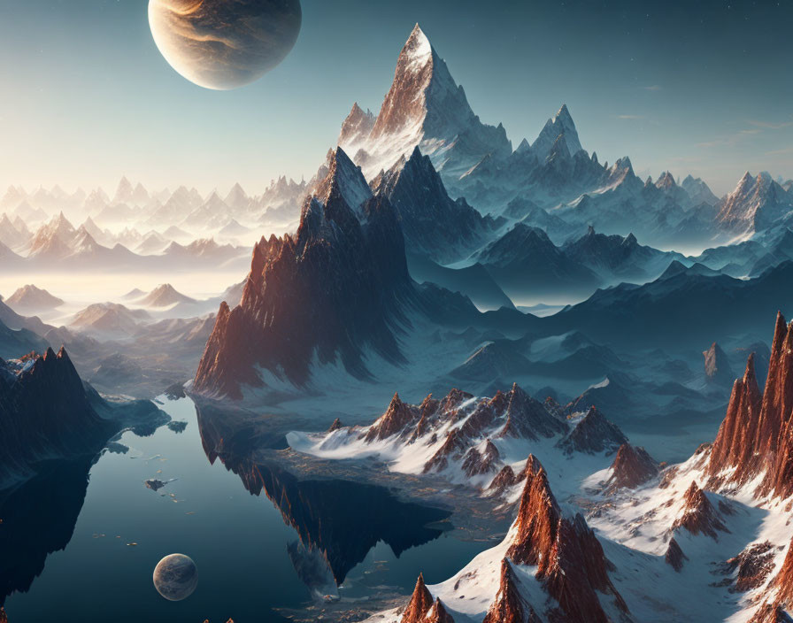 Snow-capped mountains, reflective lake, celestial bodies: serene landscape.