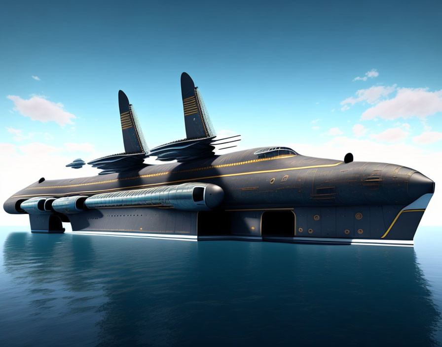 Futuristic spaceship with twin vertical stabilizers hovering above water