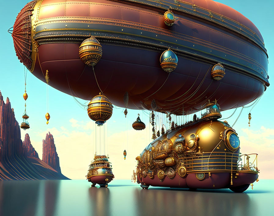 Steampunk-style airship above calm sea near red cliffs