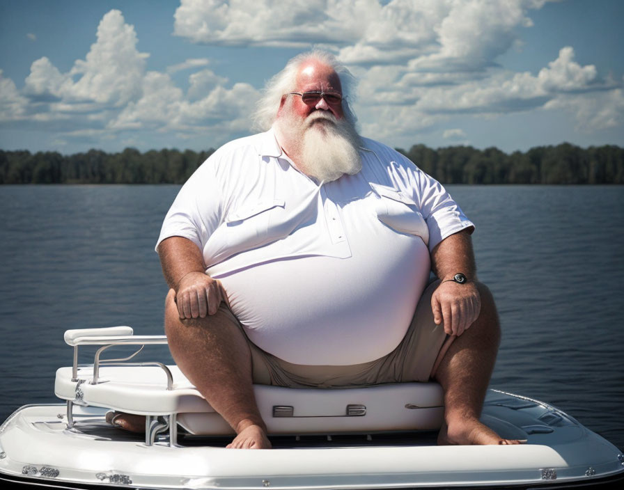 Elderly man with white beard on boat in sunny day landscape