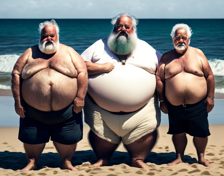 Three older men with bellies and beards on a beach