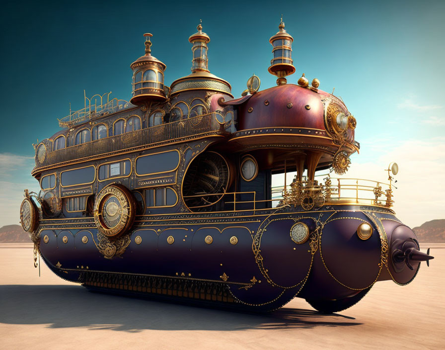 Steampunk-Inspired Submarine Vehicle in Desert Landscape