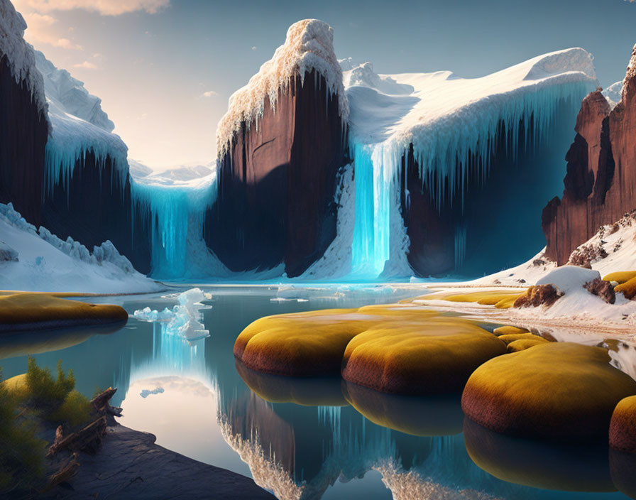 Frozen Waterfall Between Icy Cliffs in Serene Landscape