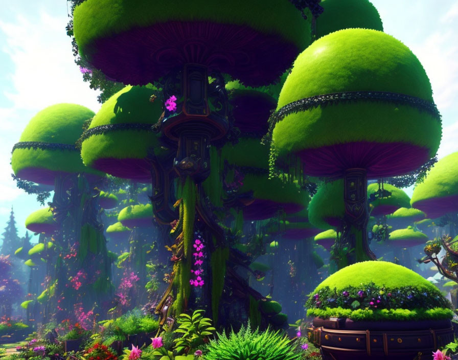 Colorful Fantasy Forest with Oversized Mushroom Trees and Lush Greenery