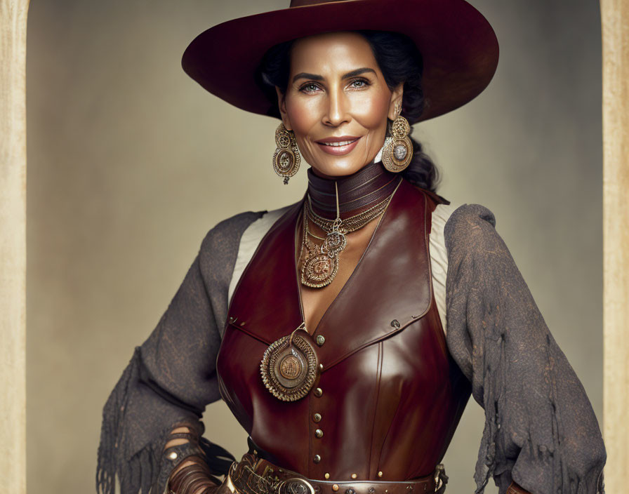 Western Attire Woman Poses Confidently in Ornate Accessories