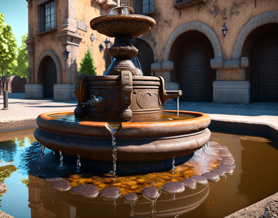 Ornate fountain with flowing water in sunny courtyard