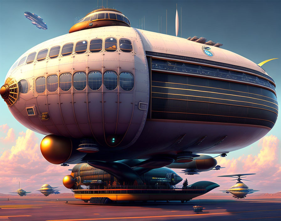 Futuristic airship with multiple levels floating above desert landscape