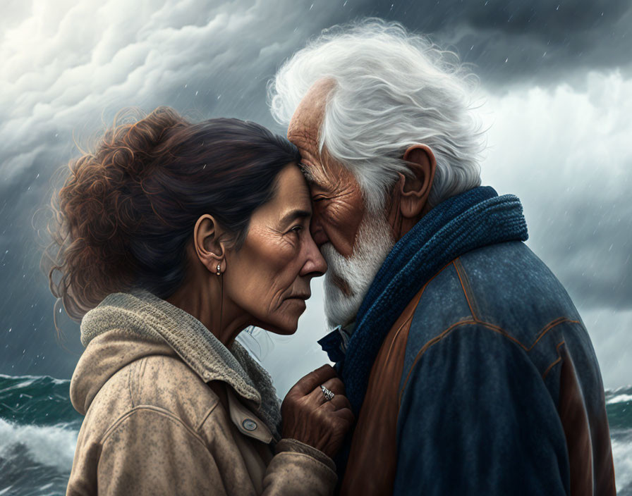 Elderly couple sharing intimate moment with stormy seas backdrop