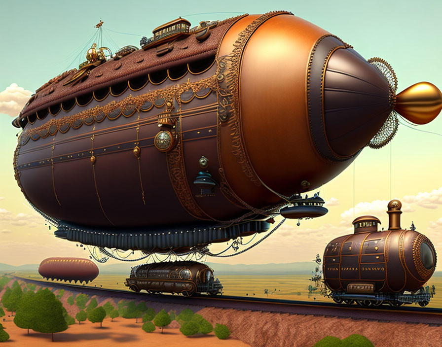 Steampunk-style airship above desert train in warm dusk.