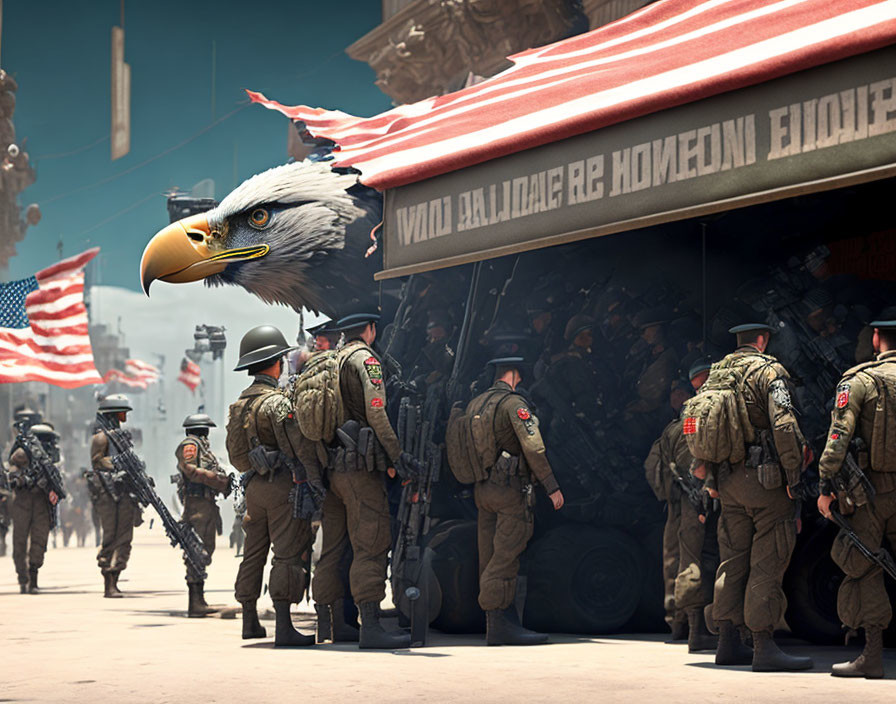 Digital artwork featuring soldiers with oversized eagle head and American flags.