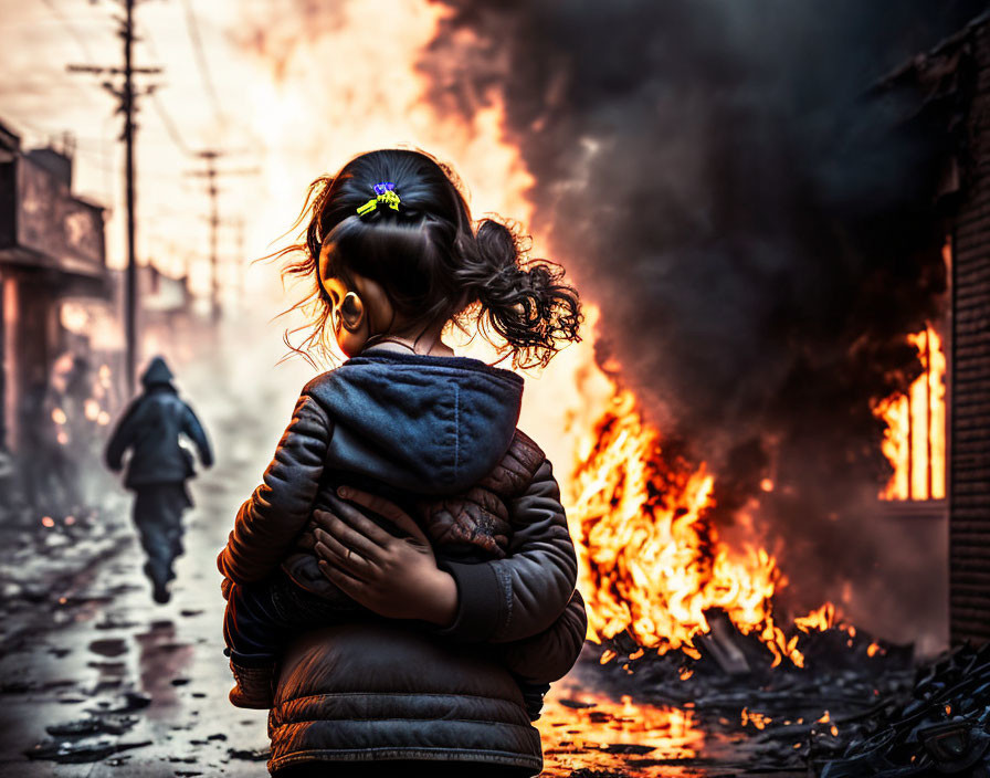 Child with ponytail near blazing fire as firefighter approaches