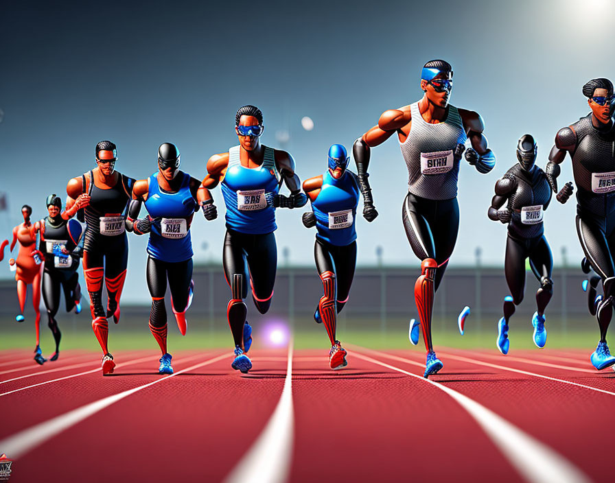 Colorful animated sprinters racing on track with dynamic poses