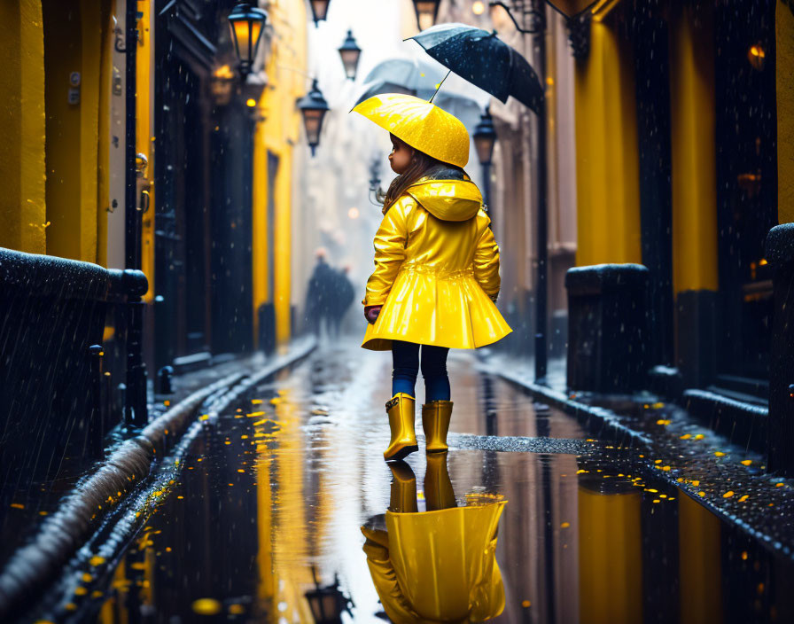 Child in Yellow Raincoat with Umbrella on Wet City Street