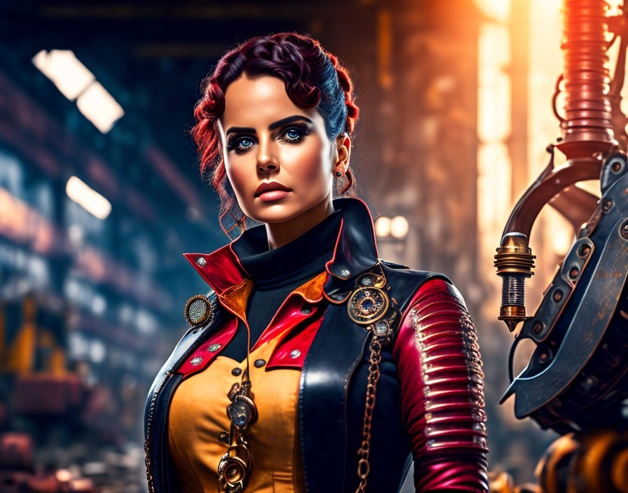 Vibrant red-haired woman in steampunk outfit in industrial setting