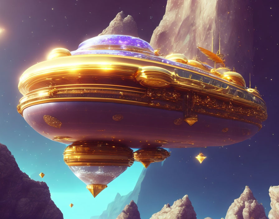 Golden ornate spaceship hovering over rocky landscape under starry sky