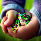 Colorful frog with orange toes held in hands