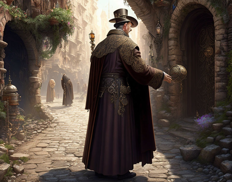 Medieval-themed man in period outfit with staff in cobblestone alley