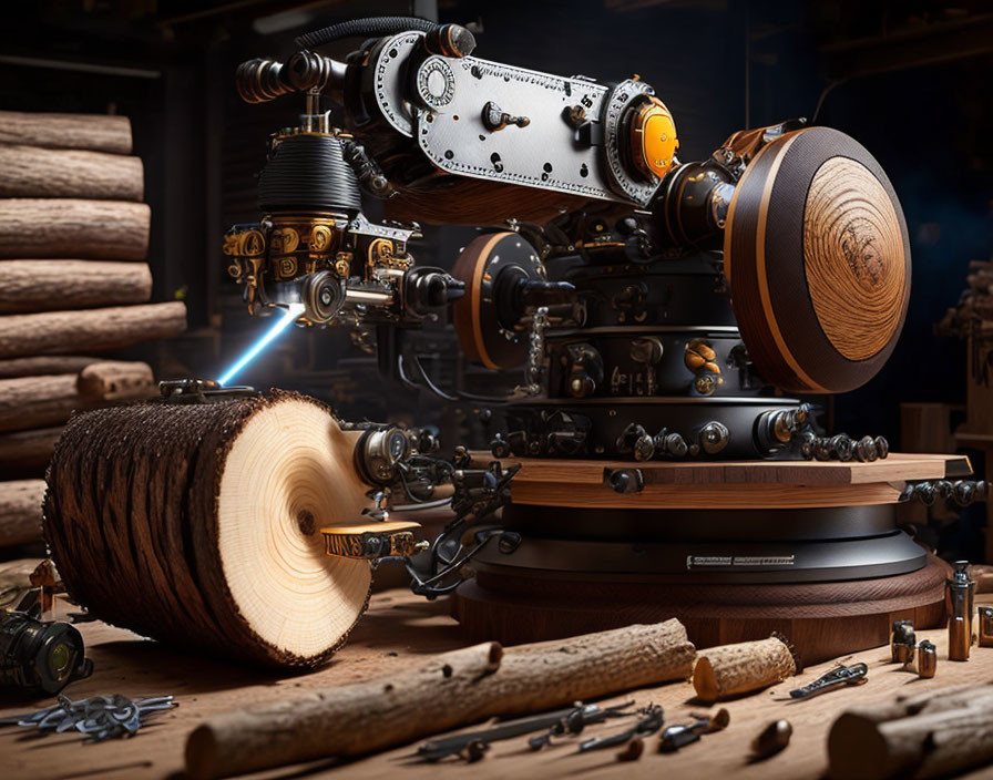 Steampunk-style robotic arm welding torch carves wood in dark workshop