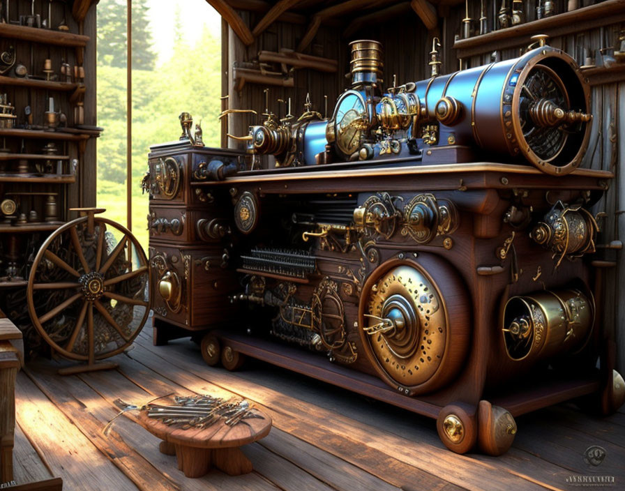 Steampunk-inspired contraption with gears and brass fittings in wooden frame in rustic cabin.