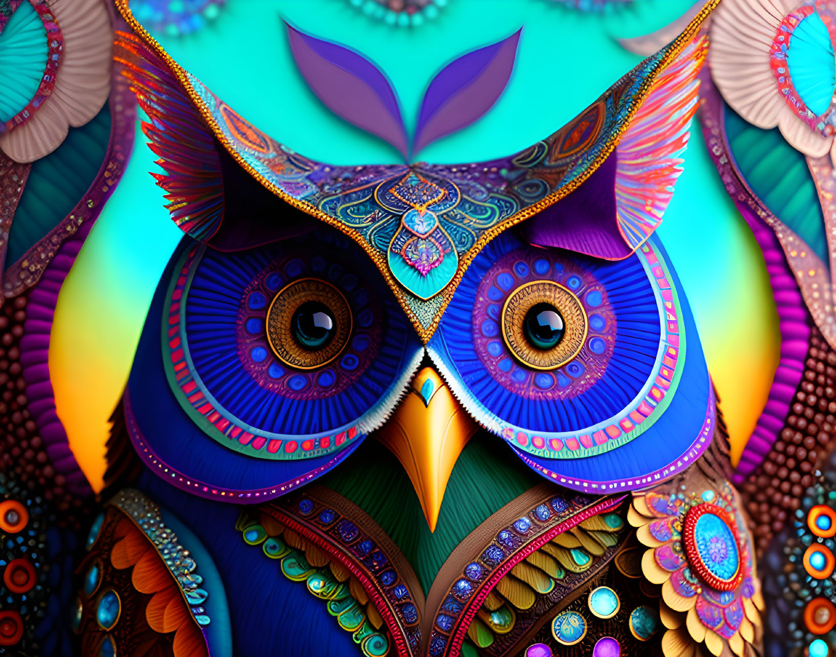 Colorful Digital Art: Intricate Owl Design in Blue, Purple, and Orange Feathers