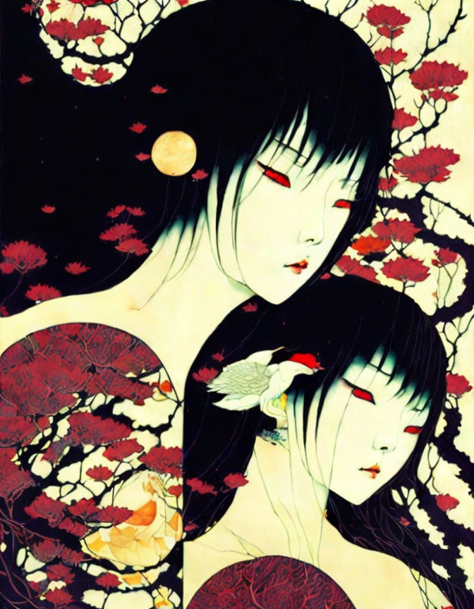 Stylized female figures with pale skin and red eyes against dark branches and pale moon.