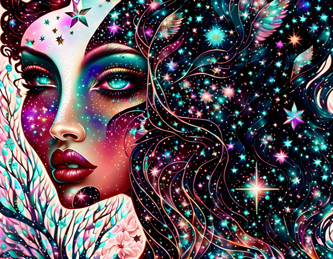 Cosmic woman with star-filled hair and galaxy-colored skin.