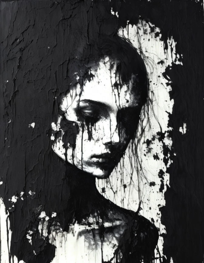 Monochrome abstract painting of a woman's face with smudged details